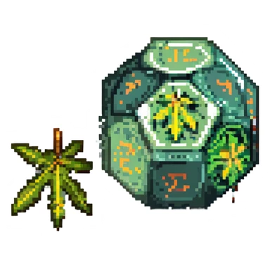 pixel art 20-sided die d20 with a lit weed joint beside it sticker