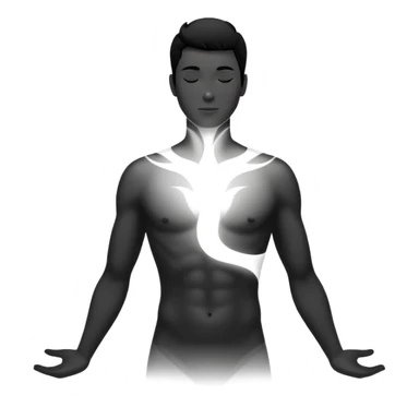 minimalist b&w male silhouette with flowing black-and-white curves across the lower body, now overlaid with a small, softly glowing spark or radiant light near the chest or head — symbolizing inspiration, inner fire, and creative energy awakening” sticker