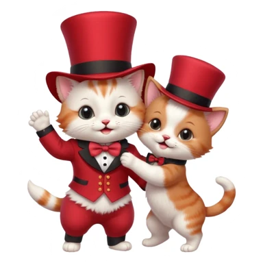 Steampunk:a very cute and adorable anthropomorphic baby cat with a red top hat is dancing with a puppy sticker