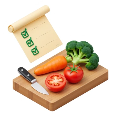 carrot tomato brocoli on the wooden cutting board with floating rolled paper list with green checkboxes sticker