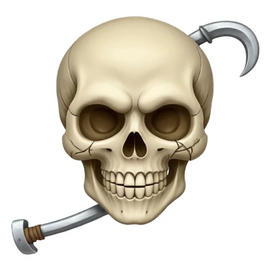 A laughing skull with a scythe crossed behind it, one eye socket winking. Clean, stylized lines, flat vector. Medieval woodcut style. Black and white with one accent color (tarnished silver). No background. sticker