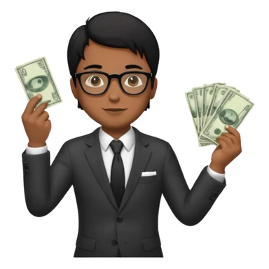 Rich man holding money with his left hand, wearing suit and glasses black hair, brown skin sticker
