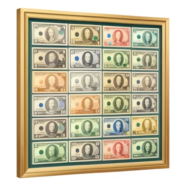 Icon for Banknote Collecting: old and new banknotes from different countries such as Euro, Dollar, Yen, Krona, Yuan, and others, displayed in frames on a wall. The icon should evoke the diversity and richness of currency collection. Transparent background. sticker
