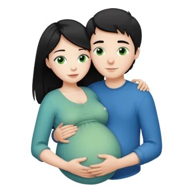 Make a couple hugging the girl is white with long black hair with blue eyes. The girl is hugging a boy with light brown short hair with green eyes. The boz is pregnant  sticker