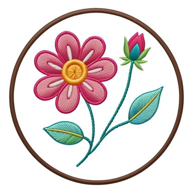 Embroidery icon, needle with thread, embroidered flower pattern, fabric with stitching, vibrant threads, minimalistic style, clean lines, transparent background. sticker