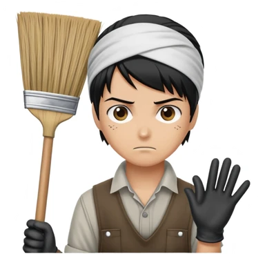 Levi Ackerman cleaning with bandana over hair, gloves, holding broom, annoyed expression sticker