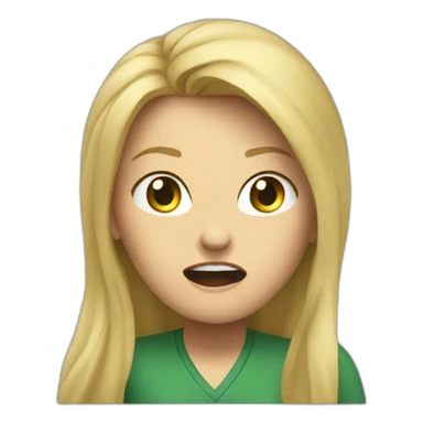 front view angry woman teacher long blonde hair dark eyes green shirt no glasses screaming sticker