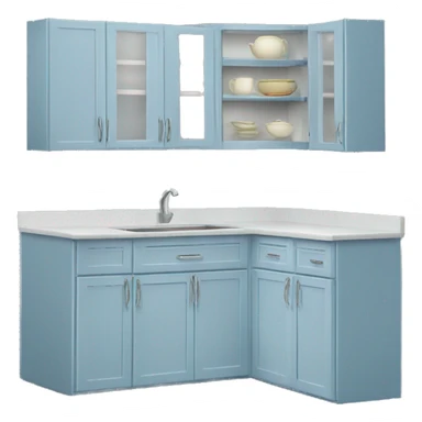 Realistic front facing powder blue kitchen  hanging cabinets. sticker