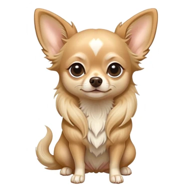 Cinematic Noble Long Haired Fawn Chihuahua Portrait Emoji, Poised and regal, with a delicate, refined build and a flowing, well-groomed long fawn coat, deep-set soulful dark eyes, Simplified yet sharp and sophisticated features, highly detailed, glowing with a soft, dignified glow, high shine, intelligent and loyal, stylized with an air of elegance, focused and attentive, soft glowing outline, capturing the essence of a watchful and confident guardian, so majestic it feels as though it could step out of the screen with effortless authority! sticker