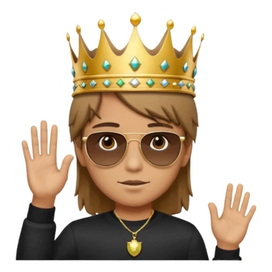 Un niño con cabello lacio no muy largo color marrón castaño,ojos marrones,piel no muy blanca, que tenga lentes de sol color negro,reloj en la mano derecha y una corona como sombrero sticker