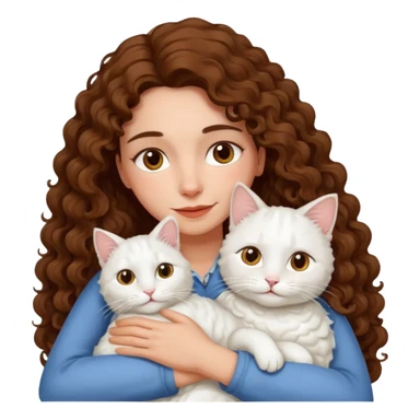 Mature Spanish girl with long curly hair and hugging a white cat sticker