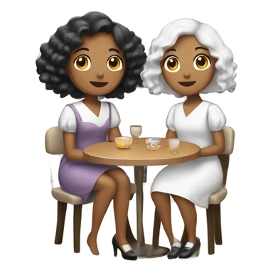 Three girls in New Year's dresses. The first one with black hair. The second one has white hair. The third one has brown hair. They're sitting in a restaurant. sticker