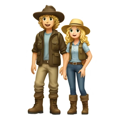 A short blonde long-haired girl in a hat and a curly-haired boy in a hat and boots hike in the Canary Islands, boots are Caucasian  sticker