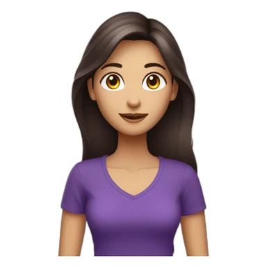 young women,dark long brown hair,saying hello, using purple tshirt whith letters "4tech sticker