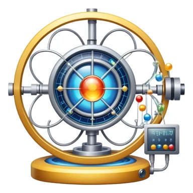 An icon featuring a large particle collider, atom symbols, and energy waves, symbolizing the field of physics. The design includes a lab setup with scientific equipment, representing experiments and fundamental forces of nature. Transparent background highlights the exploration of matter and energy. sticker