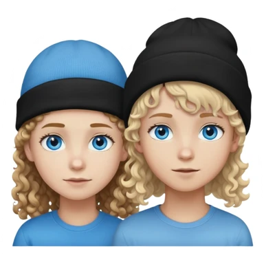 Pale, blue eyed boy, with curly long brown hair and a black beanie on and a short haired blonde girl with blue ands sticker