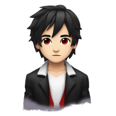 masterpiece, anime style, chibi, illustrated logo, medium short shot, twitch emote of a boy with red eyes, black hair, white locks, shoulder length hair, black jacket. sticker
