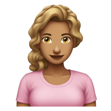 mujer delgada, pelo castaño claro hasta los hombros, pelo liso, cara alargada, piel trigueña. Camiseta rosa clara de cuello redondo sticker