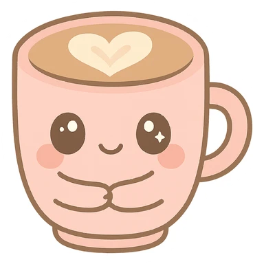 kawaii style mocha in a pink cup, big sparkling eyes, tiny arms hugging the cup, heart-shaped foam art, playful and sweet sticker