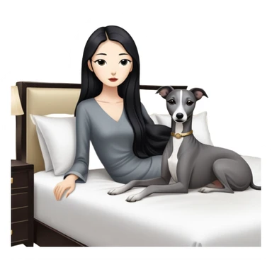 Very thin Chinese woman with long black hair relaxing in a luxurious hotel suite with exactly ONE whippet dog. EXTREME IMPORTANCE: the whippet must be ONE SOLID VERY DARK CHARCOAL GREY COLOR from nose to tail with ABSOLUTELY NO WHITE MARKINGS anywhere - NO white on face, NO white on muzzle, NO white on chest, NO white on paws, NO white on tail - NOTHING BUT A SINGLE SHADE OF VERY DARK GREY throughout the entire animal sticker