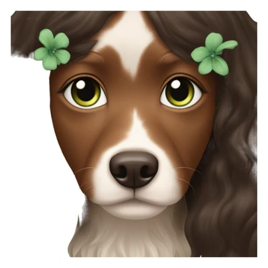 pale skin girl with green eyes with long dark brown hair that has a flower in her hair  holding a black and brown cavalier dog the dog also has a flower in its hair sticker