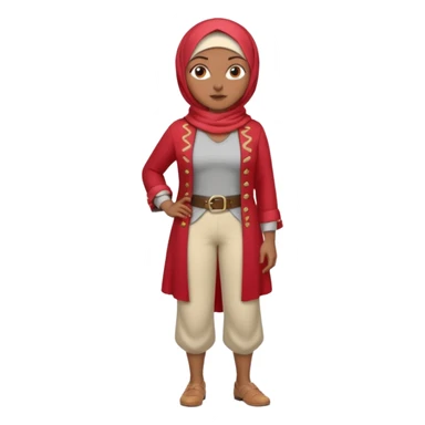 Heavy-set woman with medium-brown skin wearing a light red hijab, cream top, light red pants, tan shoes, and a visible gray pirate peg leg. Standing confidently with one hand on her hip sticker