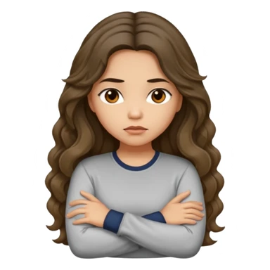 Hispanic light tan girl with long dark wavy hair with arms folded while pouting. Wearing a long sleeve. Hair with middle part. sticker