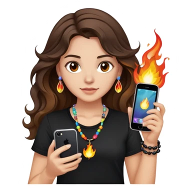 brunette girl with wavy medium length hair, brown eyes, light/medium skin tone, holding iPhone and light phone, wearing black tee shirt with flames on it and colorful beaded charm necklace sticker