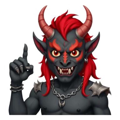 демон с чёрной как уголь кожей, красными клыками, двумя красными рогами торчащими у него изо лба, красной гривой и глазами показывает пальцем в нас sticker