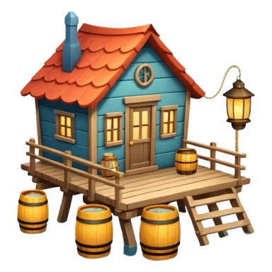 
fisherman house on a wooden pier, small dock, fishing nets hanging, barrels, lantern, ocean vibe, 3D cartoon, cute mobile game icon, clean background, no text
 sticker