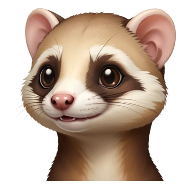 Cinematic Cute sable ferret Portrait Emoji, Head tilted playfully, with an elongated, flexible body and a characteristically curious expression, featuring a short, pointed snout, bright, sparkling eyes, and soft fur in warm brown and cream tones, Simplified yet irresistibly adorable features, highly detailed, glowing with a warm, friendly glow, high shine, affectionate and lively, stylized with a touch of whimsical mischief, soft glowing outline, capturing the essence of a fun-loving and mischievous sable ferret that feels like it could scamper straight into your heart! sticker