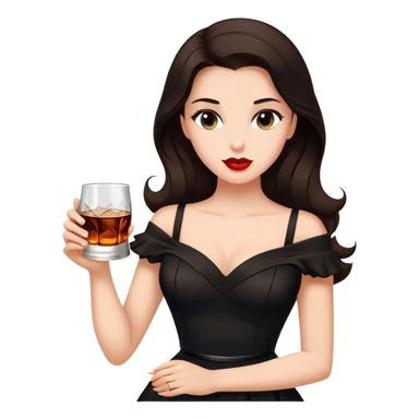 Beautiful woman in 1950’s woman fashion look, black dress, long dark brown hair, whisky with ice sticker