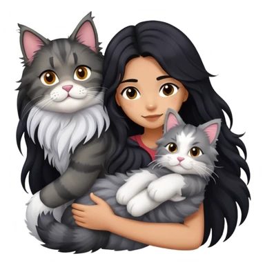 Girl with long black hair hugging a gray fluffy plush toy and a tricolor Maine Coon cat sticker