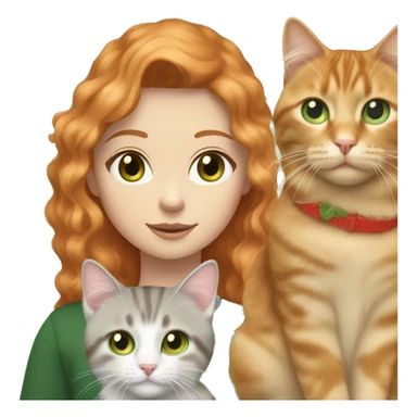 girl, pale, green eyed,with long strawberry blonde-ginger hair (mix of that two hair colours as one) holding a  grey tabby cat, with spot of white fur in shape of a collar and also green eyed sticker