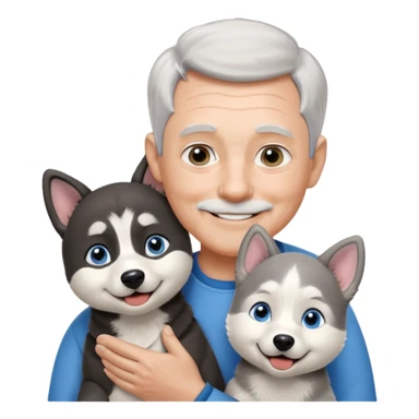 A 60 year old man with blue eyes and short light gray hair and slightly big ears, holding a black and white husky dog with floppy ears and white tuft eyebrows, both smiling sticker