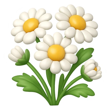 Create a 3D illustration of daisies in the style of iOS Apple emojis, featuring voluminous petals and yellow centers, on a transparent background. The style should reflect the characteristic look of Apple emojis with a polished and dimensional appearance. sticker