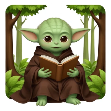 Baby Yoda con su tunica chocolate leyendo en un bosque sticker