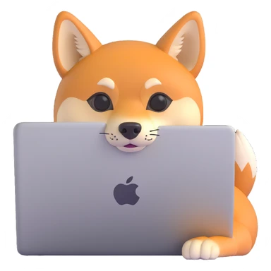 adorable Shiba Inu Horus with tan orange fur and pointy ears, peeking behind a glowing silver MacBook laptop, calm focused expression, modern Apple emoji style, 3D, rounded, soft shadows, glossy, tight framing, white or transparent background, small and expressive like personal assistant icon sticker