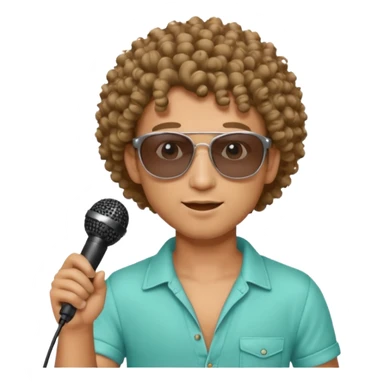 curly haired man with summer clothes and sun glasses holding microphone sticker