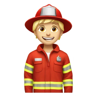 Blonde boy wearing a fire hat and playing with a firetruck sticker