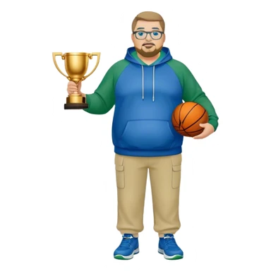 full body white obese male basketball coach with trophy. Goatee , Wearing glasses and blue and green hoodie and khaki pants sticker