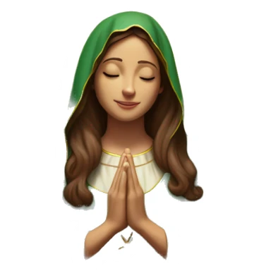 Virgin Mary: kind face looking down at the left, long brown hair, Wearing an emerald green  robe with gold stars and a burgundy red dress,  Hands in prayer or blessing. Halo around her head. standing in front of a big sun. colorful roses on the sides  sticker