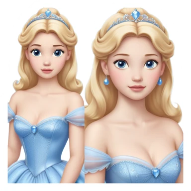 Cinematic Realistic Cinderella Portrait, depicted with lifelike skin texture, subtle rosy undertones, and soft natural lighting that enhances the gentle contours of her face. Her intricately detailed golden blonde hair is elegantly styled in an updo, with delicate wisps framing her face for added realism. Her deep, expressive blue eyes radiate warmth and sincerity, reflecting a quiet resilience and grace. She is dressed in her iconic ball gown, the fabric shimmering with intricate embroidery and fine translucent layers that catch the light beautifully. The soft sheen of satin gloves and the delicate sparkle of a glass-like slipper peeking from beneath her dress add a touch of magical realism. The portrait features an enchanting glow with a natural, luminous finish, seamlessly blending realism and fairytale charm to evoke a sense of depth, elegance, and timeless beauty. sticker