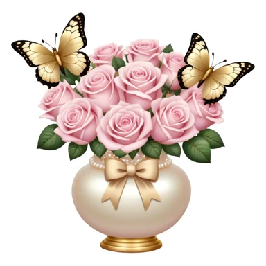 Realistic aesthetic bouquet of light pink roses in a pearl vase and a beige bow with gold decoration and a butterfly with gold and beige wings sticker