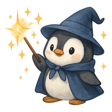a cute penguin wizard casting a spell, with sparkles around sticker