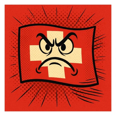 an angry Swiss flag with furrowed brow, comic illustration style, strong red background sticker