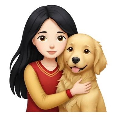 A girl with long black  hair tightly hugged a Golden Retriever sticker