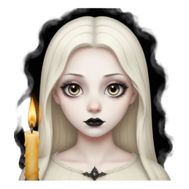 Pale woman with kohl-lined eyes staring through candle smoke, predatory calm, gothic fantasy mood sticker