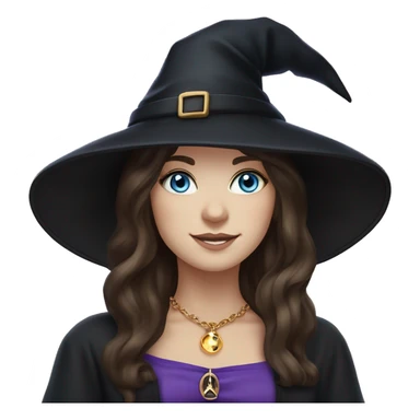 Witchy brunette haired blue eyed white girl with a witty smile a gold necklace and a black witch hat with a purple bow sticker