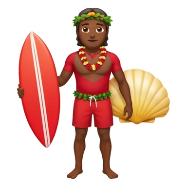 50 year old dark Hawaiian surfer with red shorts and a shell lei surfer  sticker